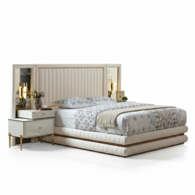 Modern bedroom set bed + 2x nightstands design furniture 3 pcs. Beige