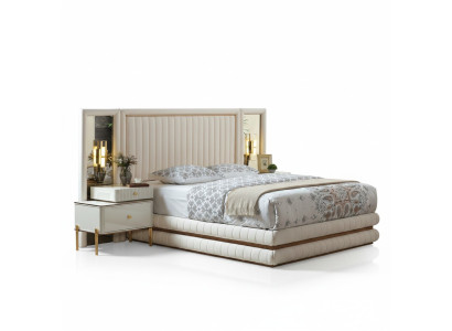 Modern bedroom set bed + 2x nightstands design furniture 3 pcs. Beige
