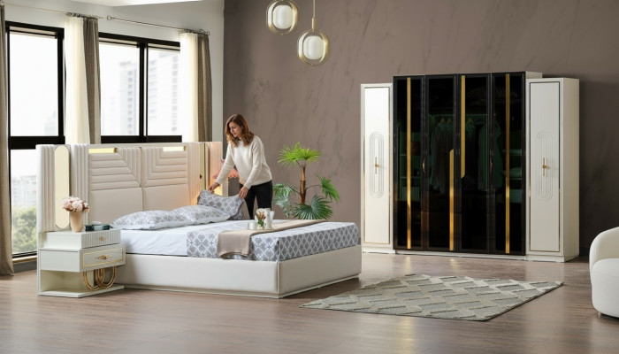 Modern bedroom set bed + 2x nightstands + wardrobe design furniture 4-piece
