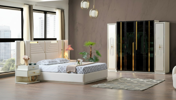 Modern bedroom set bed + 2x nightstands + wardrobe design furniture 4-piece