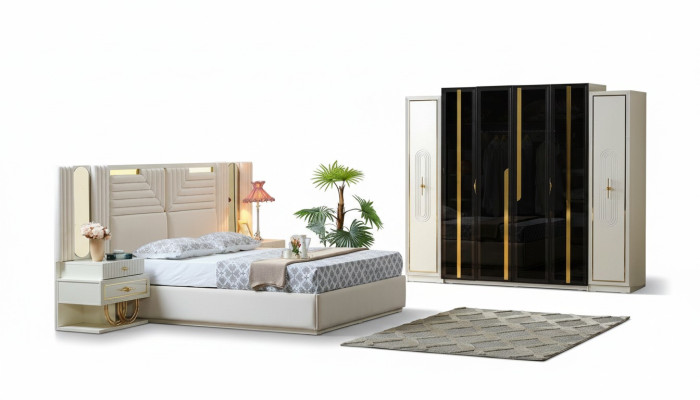 Modern bedroom set bed + 2x nightstands + wardrobe design furniture 4-piece