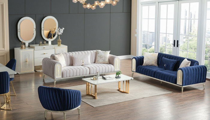 Sofa set 3+3+1 seater living room set complete textile sofa armchair wood blue