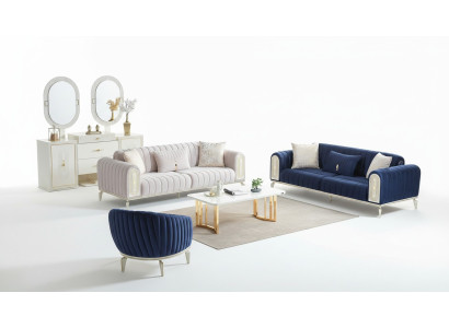 Sofa set 3+3+1 seater living room set complete textile sofa armchair wood blue
