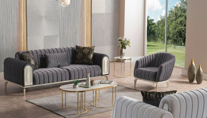 Stylish furniture set 3+1 coffee table suite sofas armchair grey