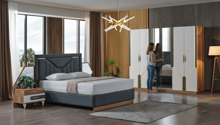 Bedroom Set Bed + 2x Nightstands + Wardrobe Design Furniture 4 pcs. New