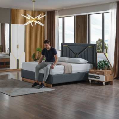 Luxury Bedroom Set Bed + 2x Nightstands + Wardrobe Wood Complete New Modern