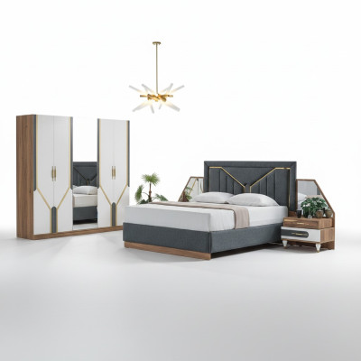 Luxury Bedroom Set Bed + 2x Nightstands + Wardrobe Wood Complete New Modern