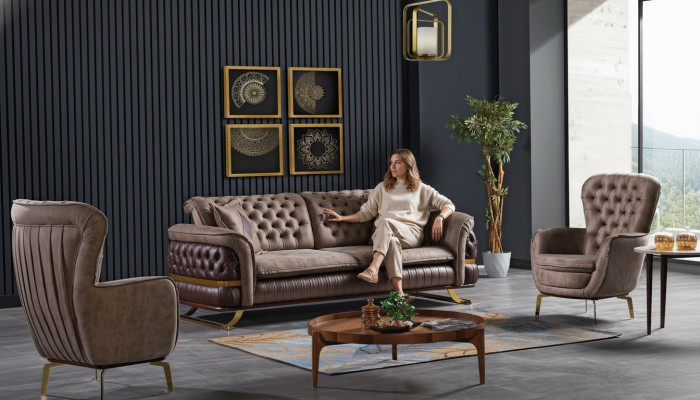 Designer sofa set 3+3+1 seater couch upholstery seating suite set Chesterfield