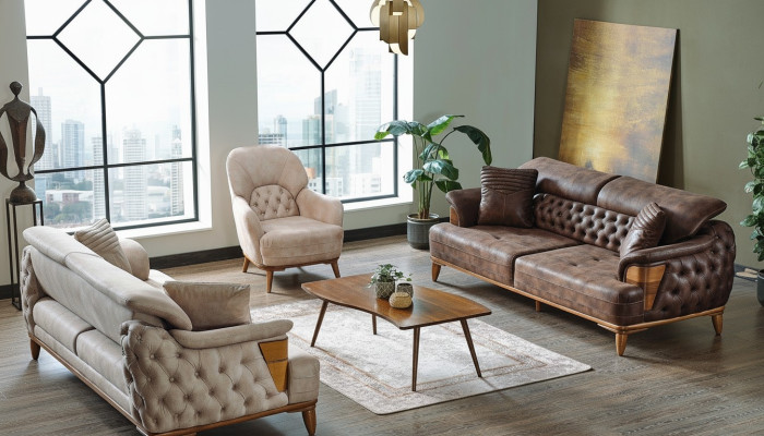 Sofa set 3+3+1 Wood Living Room Luxury Sofa Chesterfield Fabric New Complete