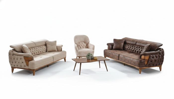 Sofa set 3+3+1 Wood Living Room Luxury Sofa Chesterfield Fabric New Complete