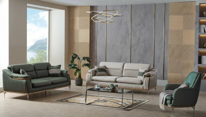 Sofa set 3+3+1 seater living room set complete textile sofa armchair wood EU
