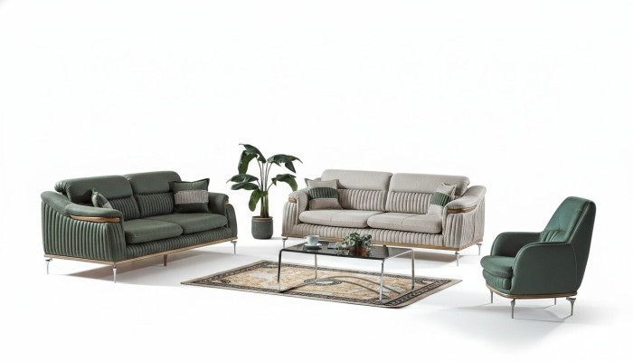 Sofa set 3+3+1 seater living room set complete textile sofa armchair wood EU