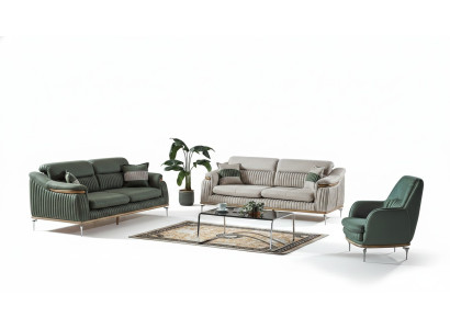 Sofa set 3+3+1 seater living room set complete textile sofa armchair wood EU