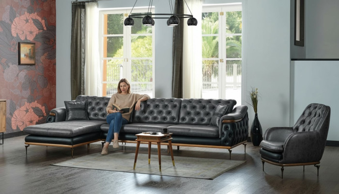 Black living room set corner sofa L-shape armchair modern Chesterfield complete