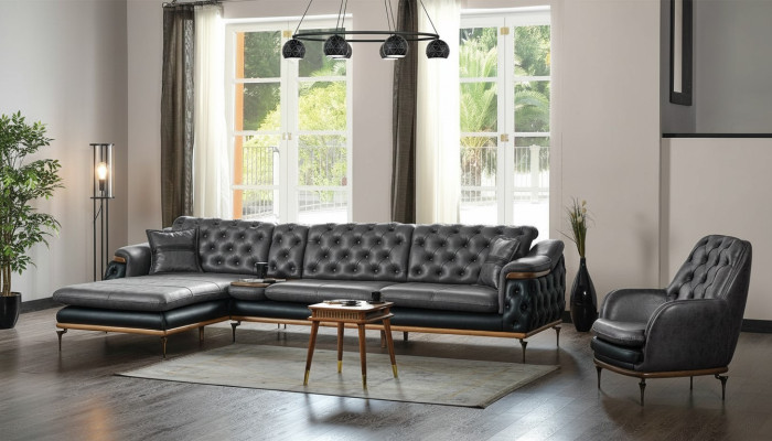 Black living room set corner sofa L-shape armchair modern Chesterfield complete