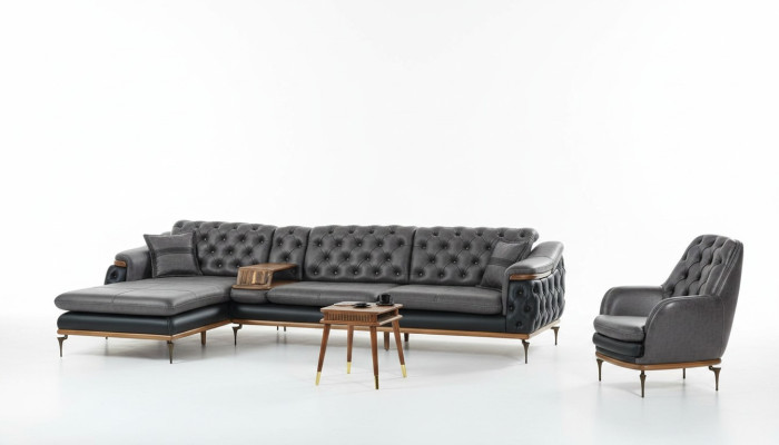 Black living room set corner sofa L-shape armchair modern Chesterfield complete
