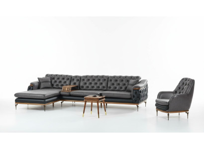 Black living room set corner sofa L-shape armchair modern Chesterfield complete