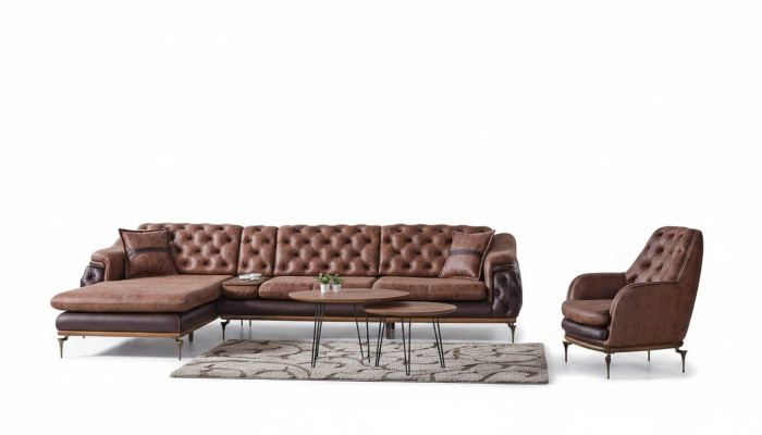 Brown L-Shaped Sofa Armchair Complete Living Room Set 2-Piece Luxury Brown