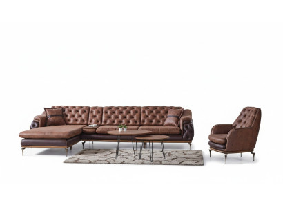 Brown L-Shaped Sofa Armchair Complete Living Room Set 2-Piece Luxury Brown