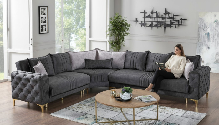 Gray living room corner sofa L-shape modern Chesterfield new luxury sofa