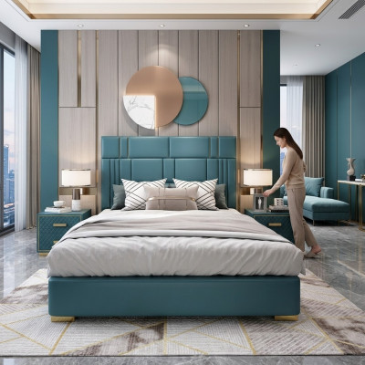 Designer bed bedroom faux leather hotel luxury upholstered furniture designer