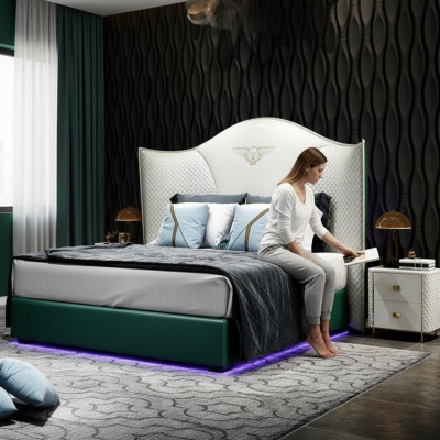 Design luxury double hotel bed bedroom modern wood furniture upholstery