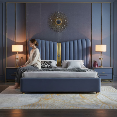 Bed Pillow Design Luxury Wood Double Beds Bedroom Hotel Furniture New