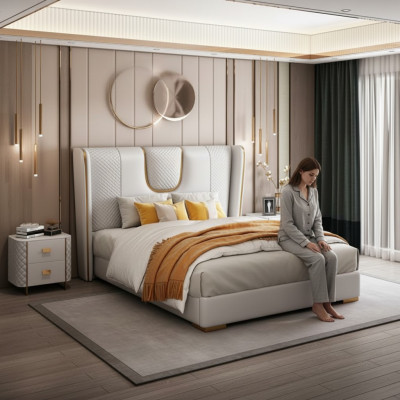 Double hotel beds bedroom bed upholstery design luxury furniture metal