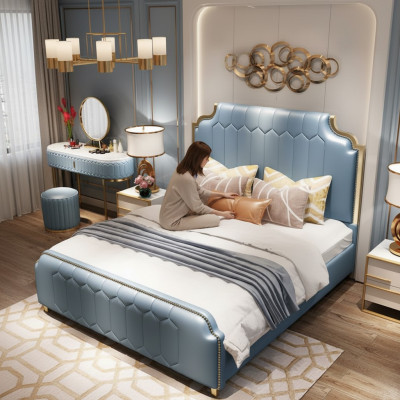 Modern bed, double bed, beds, wood, blue, style, wood, bedroom, new