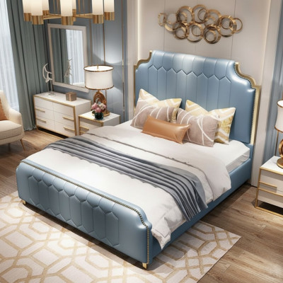 Modern bed, double bed, beds, wood, blue, style, wood, bedroom, new