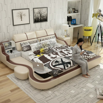 Multifunctional Bed Luxury Design Beige Double Beds with Shelf 180x200cm