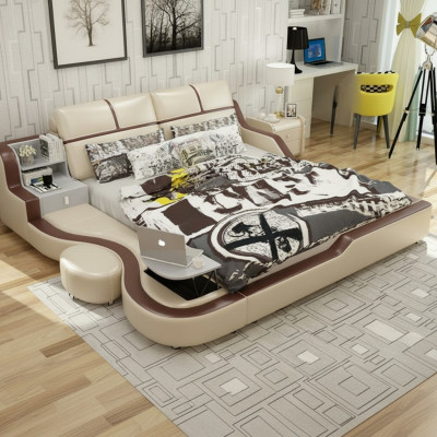 Multifunctional Bed Luxury Design Beige Double Beds with Shelf 180x200cm