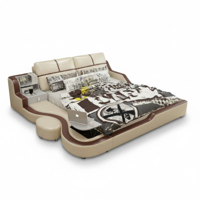 Multifunctional Bed Luxury Design Beige Double Beds with Shelf 180x200cm