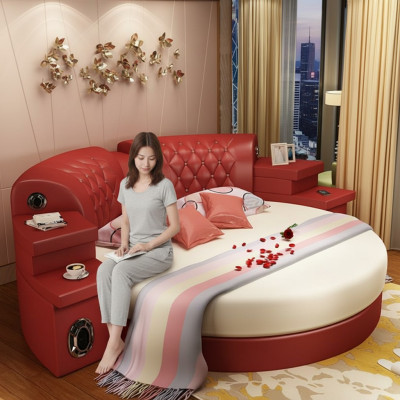 Round bed, round beds, multifunction, hotel, upholstered, leather, shelf, new
