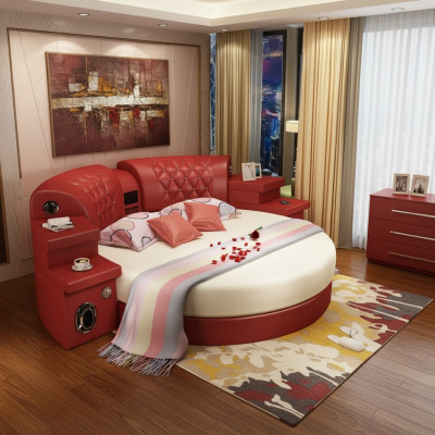 Round bed, round beds, multifunction, hotel, upholstered, leather, shelf, new