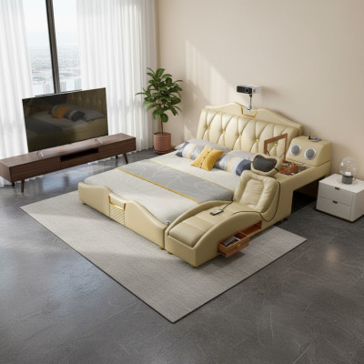 Design Bed Beige Hotel Upholstery 180x200 Multifunction Shelf Beds New