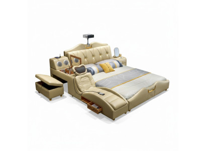 Design Bed Beige Hotel Upholstery 180x200 Multifunction Shelf Beds New