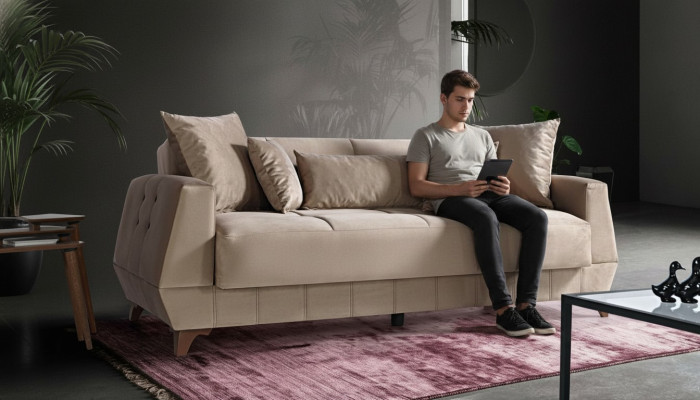 Design Sofa Three-Seater Beige Couch Furniture Textile Fabric 3-Seater Couches Sofas