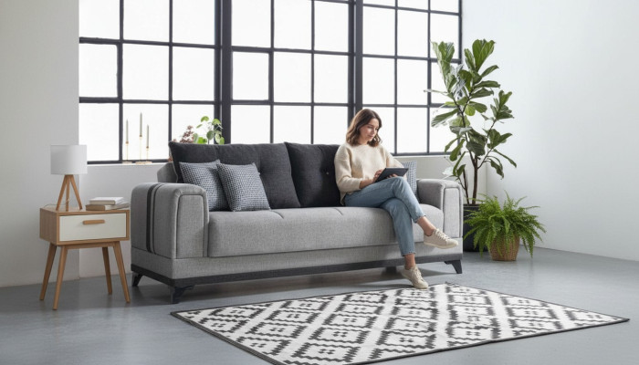 Living room luxury sofa, 3-seater relax sofas, modern gray relax 3-seater couches.
