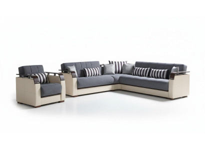 L-shaped sectional sofa + gray armchair complete living room set 2-piece luxury furniture