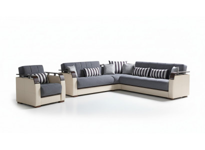 L-shaped sectional sofa + gray armchair complete living room set 2-piece luxury furniture