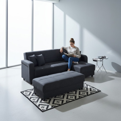 L-shaped sectional sofa with ottoman in black, complete living room set, 2-piece luxury furniture.