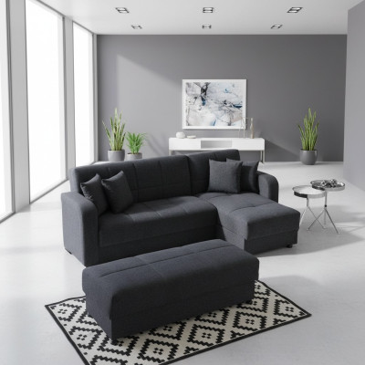 L-shaped sectional sofa with ottoman in black, complete living room set, 2-piece luxury furniture.