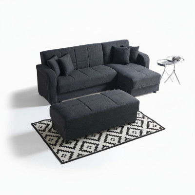 L-shaped sectional sofa with ottoman in black, complete living room set, 2-piece luxury furniture.