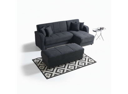 L-shaped sectional sofa with ottoman in black, complete living room set, 2-piece luxury furniture.