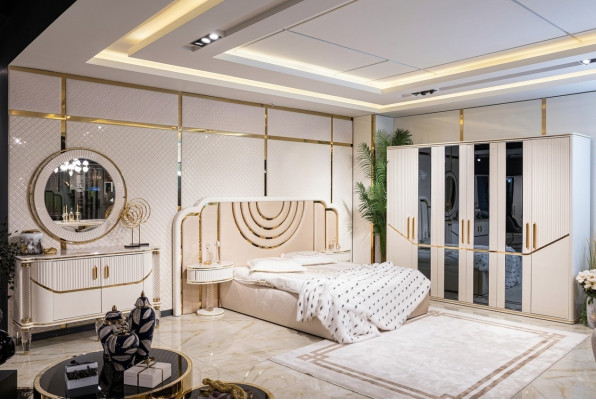 Bedroom set luxury bed, 2x nightstands, wardrobe, dresser with mirror, 5-piece set.