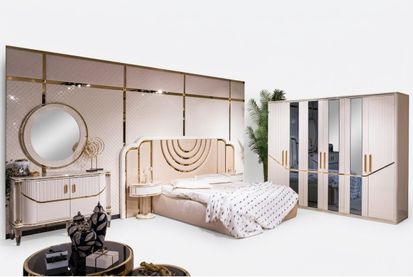 Bedroom set luxury bed, 2x nightstands, wardrobe, dresser with mirror, 5-piece set.