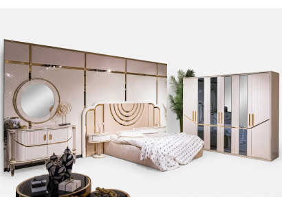Bedroom set luxury bed, 2x nightstands, wardrobe, dresser with mirror, 5-piece set.
