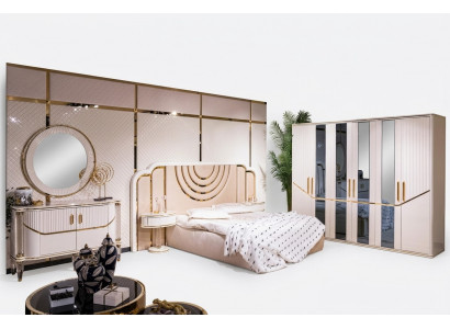 Bedroom set luxury bed, 2x nightstands, wardrobe, dresser with mirror, 5-piece set.