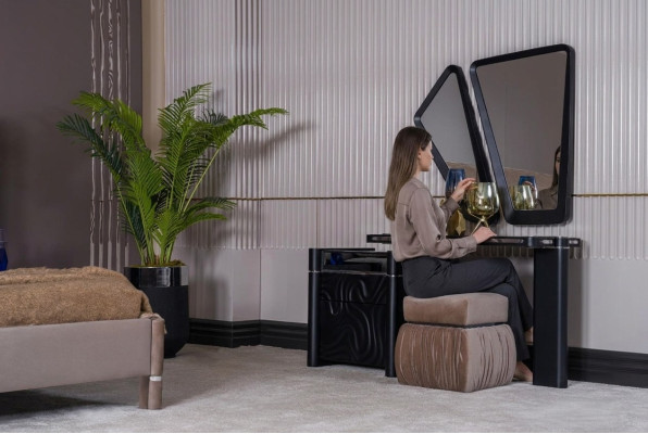 Dressing table with mirror stool, make-up bedroom design furniture, 2-piece wood set.